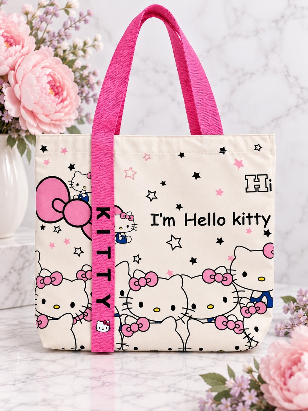 Hello Kitty Sanrio Canvas Tote Bag Pink Cream Large Zip Top